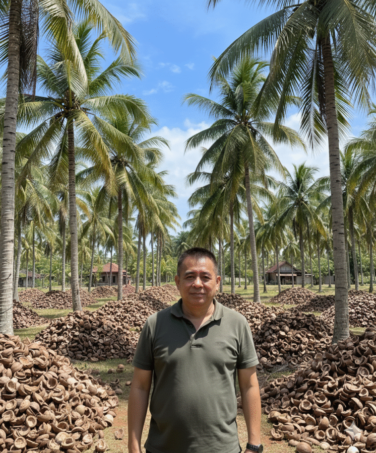 Coconut shell charcoal Indonesia supplier IndoCocoCharcoal Benny Liando coconut plantation