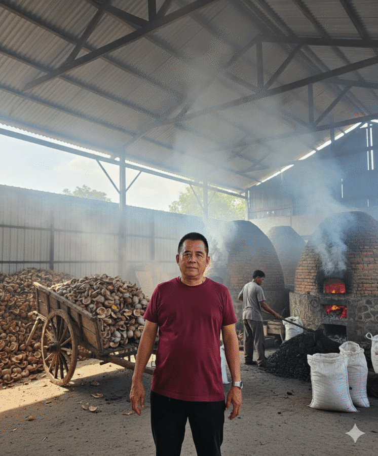 Coconut shell charcoal Indonesia supplier IndoCocoCharcoal Benny Liando at production line