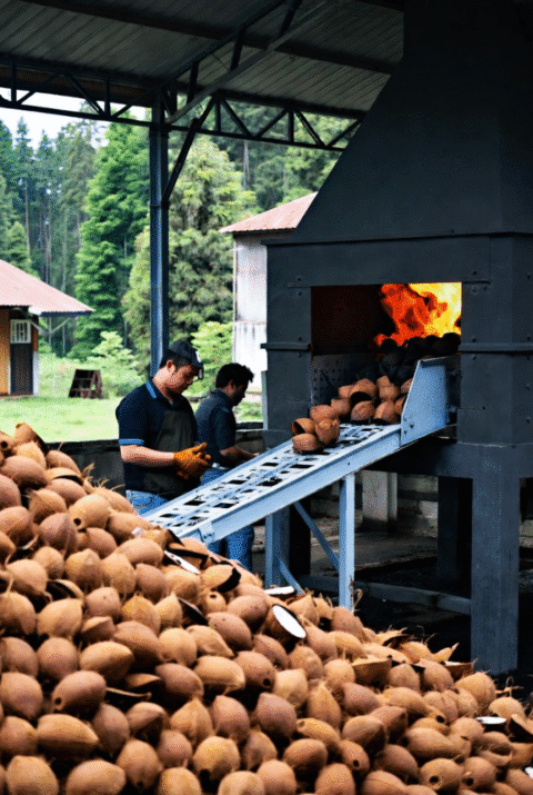 Indonesian coconut shell charcoal factory producing high-quality export charcoal
