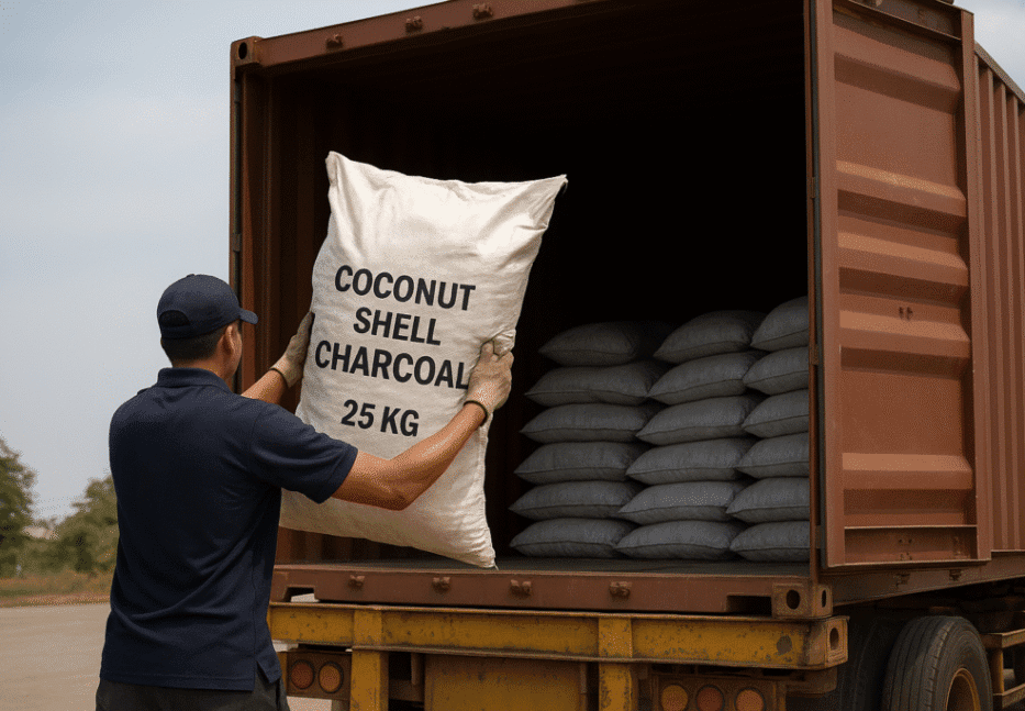 Coconut shell charcoal Indonesia supplier IndoCocoCharcoal container loading